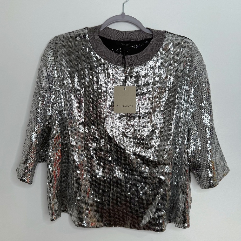 All Saints Silver Sequin Short-Sleeve Crew Top